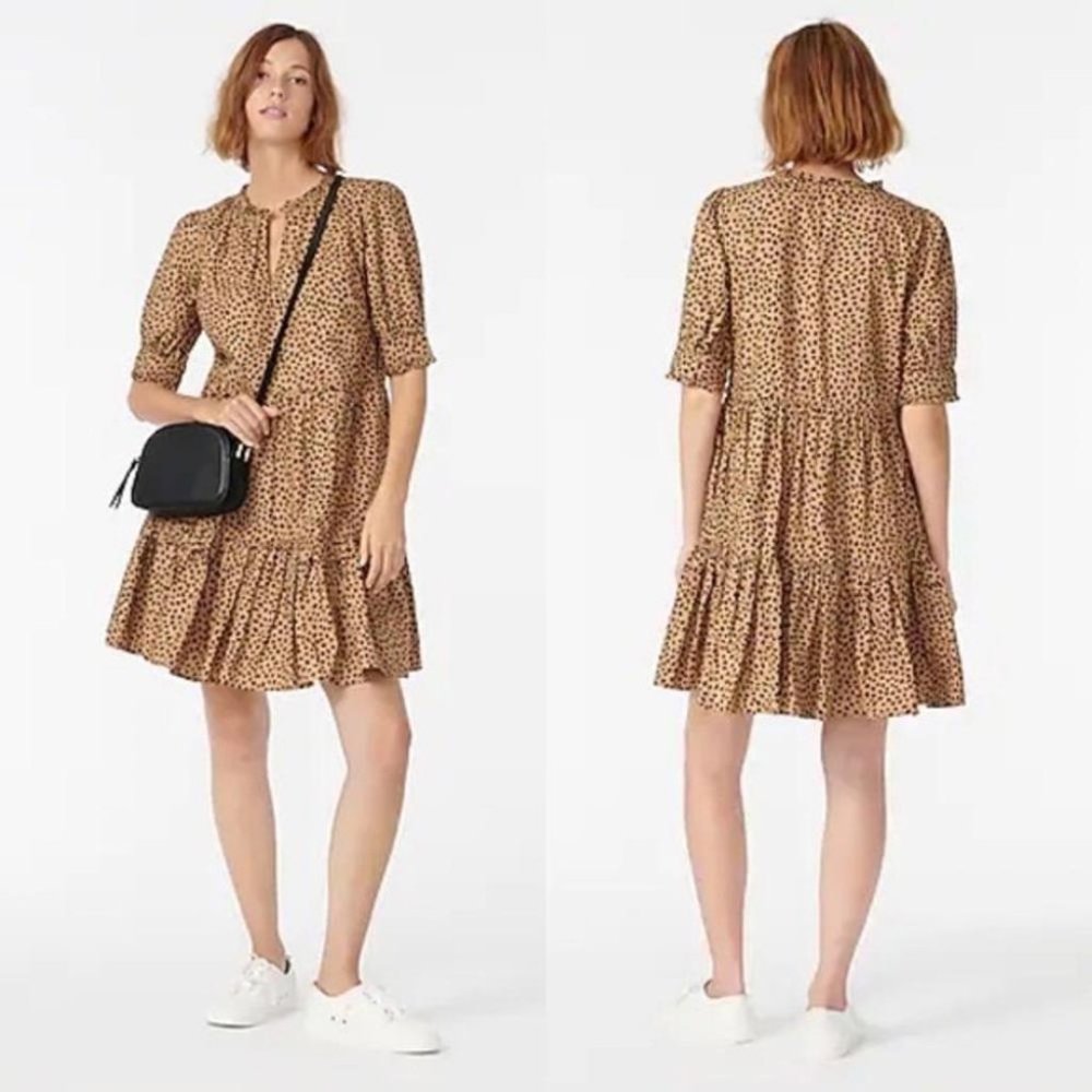 J Crew Womens Ruffleneck Tiered Popover Dress Leopard Dot Size Small Transition